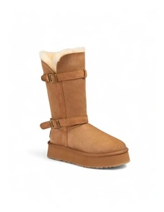 Classic Platform Buckle Long Boots (4.5cm) (Water Resistant) in Chestnut