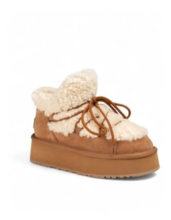 Classic Fluffy Lace-Up Platform Mini Snow Boots (4.5cm) (Water Resistant) in Chestnut