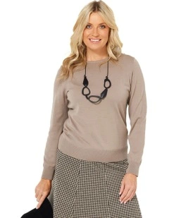 Melanie Merino Wool Crew Nick Sweater in Brown