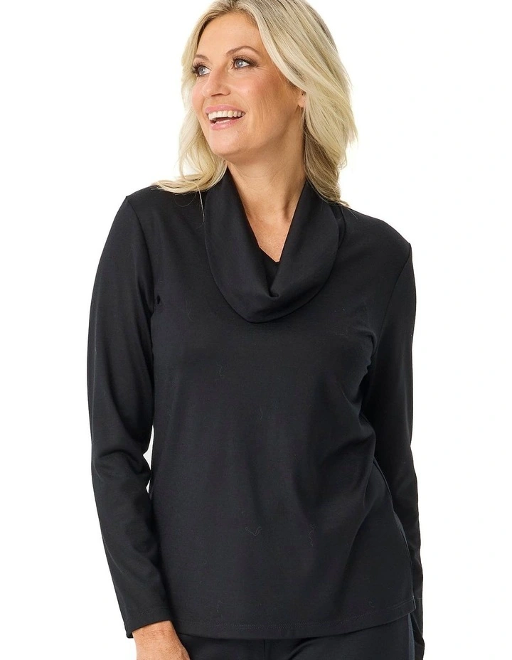 Hedrena Cowl Neck Long Sleeve Top in Black image 4