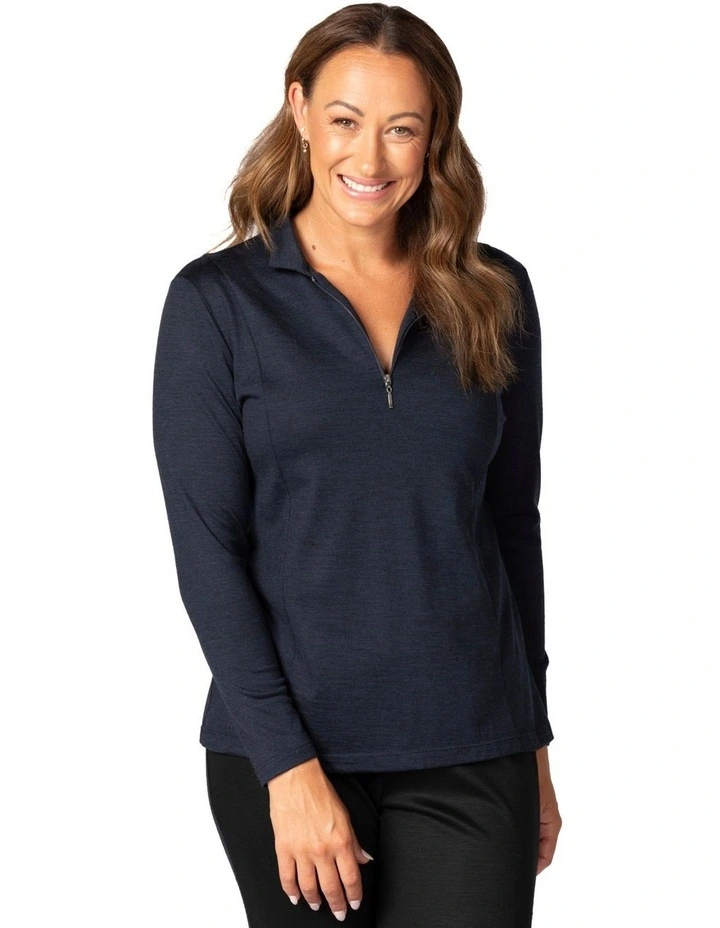 Hedrena Zip Polo Long Sleeve Top in Navy image 1