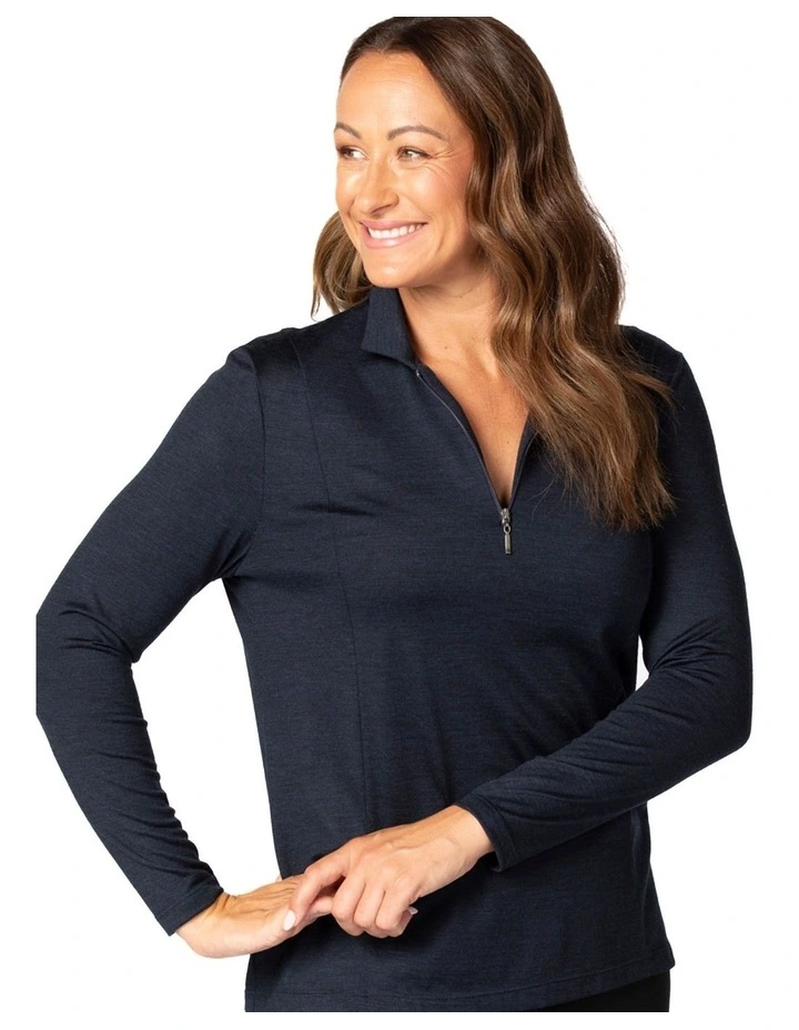 Hedrena Zip Polo Long Sleeve Top in Navy image 5
