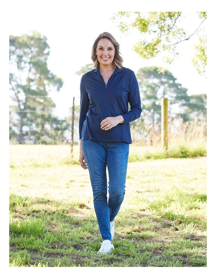 Hedrena Zip Polo Long Sleeve Top in Navy image 7