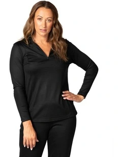 Hedrena Zip Polo Long Sleeve Top in Black