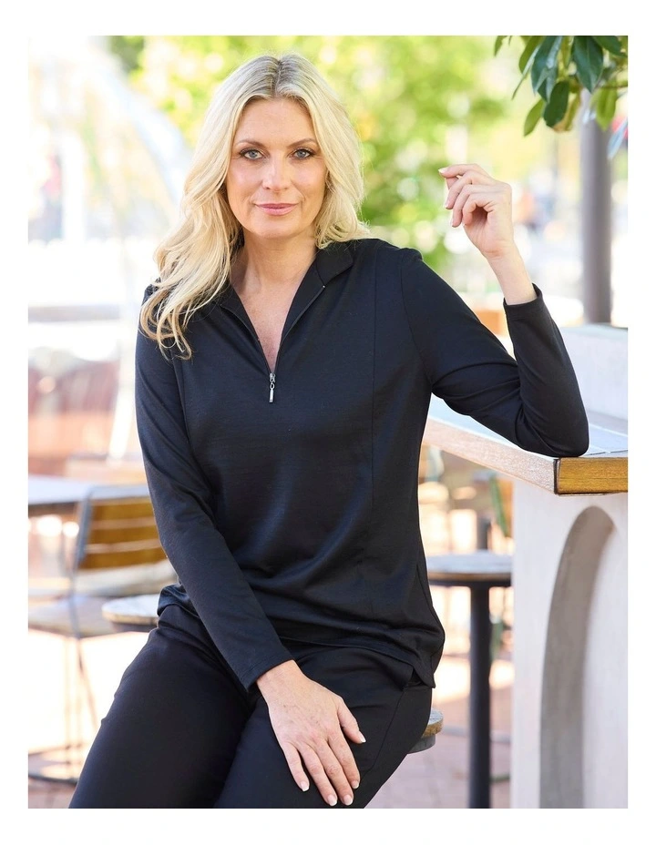 Hedrena Zip Polo Long Sleeve Top in Black image 7