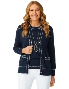 Peggy Contrast Stitch Long Sleeve Cardigan in Navy