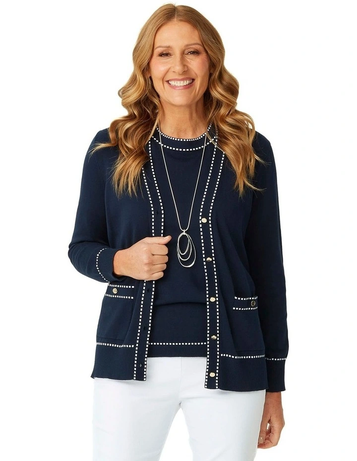 Peggy Contrast Stitch Long Sleeve Cardigan in Navy image 1