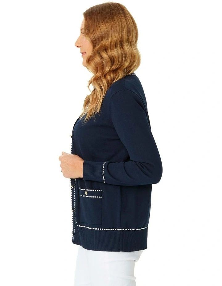 Peggy Contrast Stitch Long Sleeve Cardigan in Navy image 3