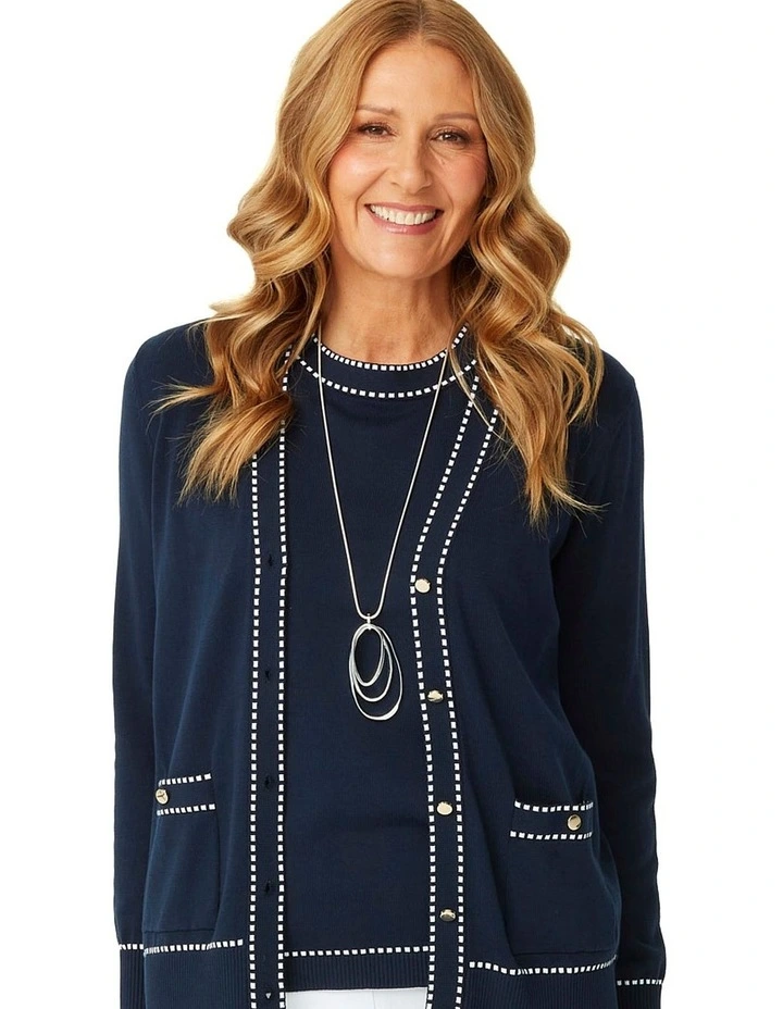 Peggy Contrast Stitch Long Sleeve Cardigan in Navy image 5