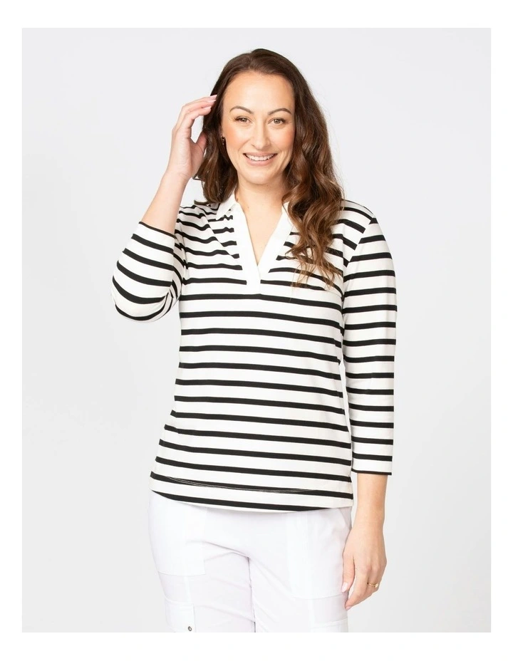 Picnic 3/4 Sleeve Stripe Polo Top in Black image 1