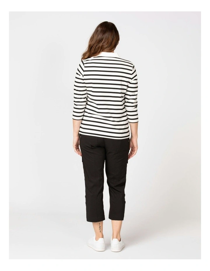 Picnic 3/4 Sleeve Stripe Polo Top in Black image 2