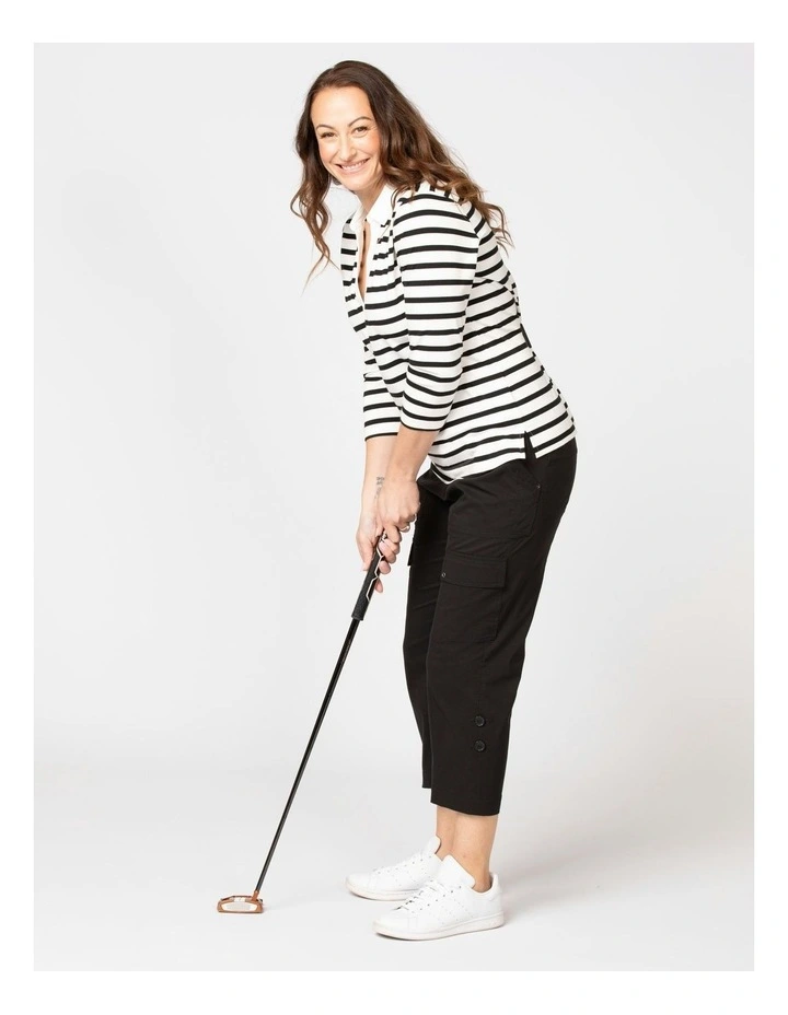Picnic 3/4 Sleeve Stripe Polo Top in Black image 3