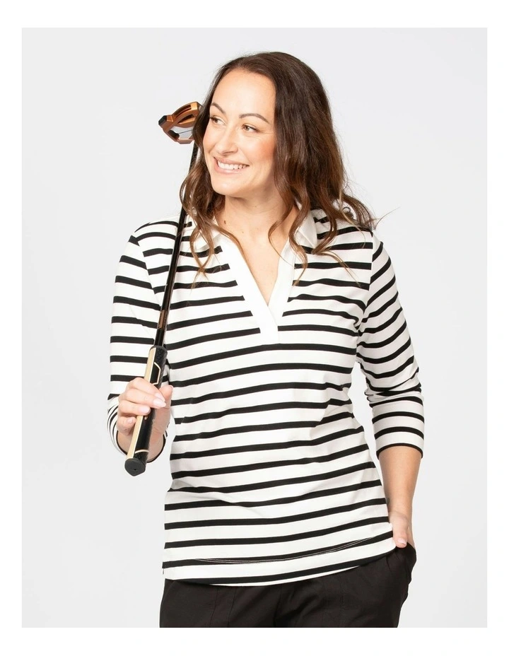 Picnic 3/4 Sleeve Stripe Polo Top in Black image 4