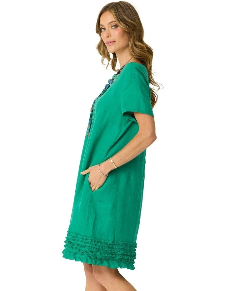 Lexi Linen Frill Hem Dress in Emerald image 3