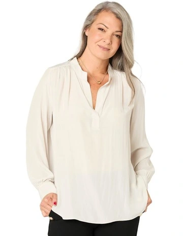 Desire V Neck Popover Blouse in Beige