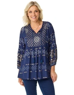 Kattan 3/4 Sleeve Beaded Blouse in Navy