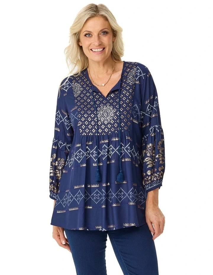 Kattan 3/4 Sleeve Beaded Blouse in Navy image 1