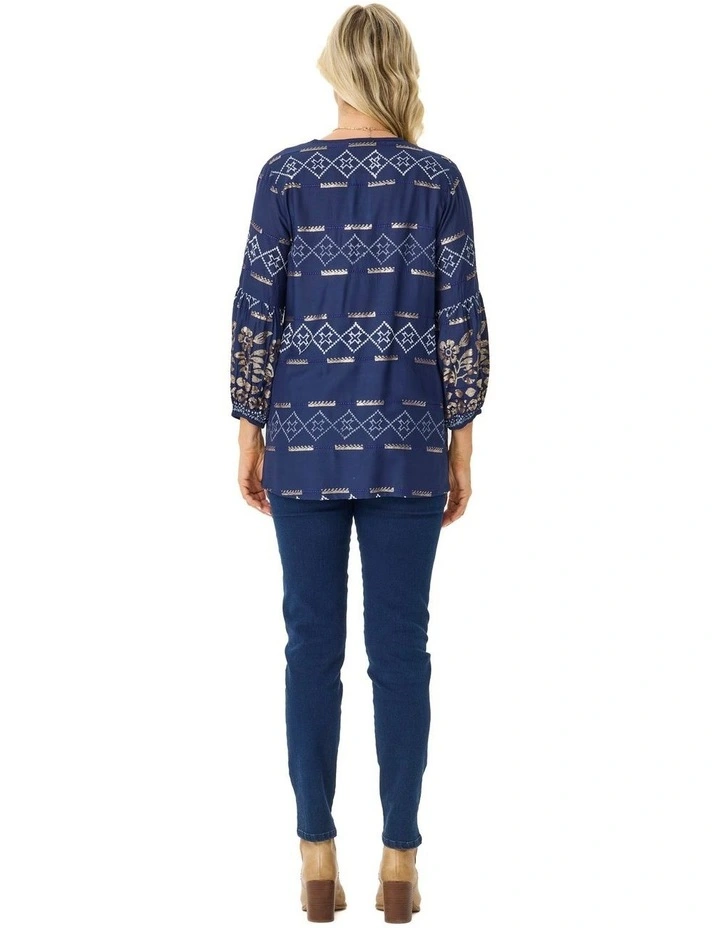 Kattan 3/4 Sleeve Beaded Blouse in Navy image 2