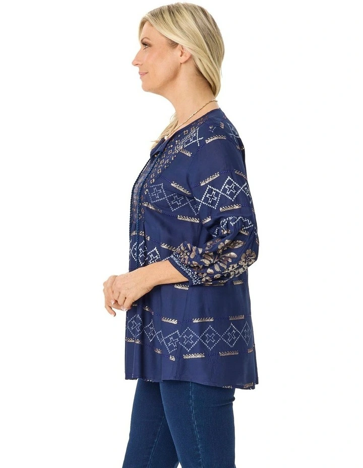 Kattan 3/4 Sleeve Beaded Blouse in Navy image 3