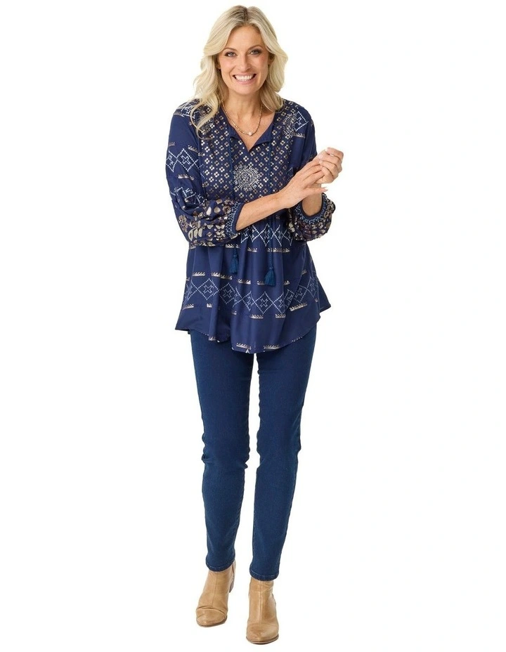 Kattan 3/4 Sleeve Beaded Blouse in Navy image 4
