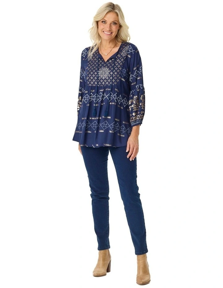 Kattan 3/4 Sleeve Beaded Blouse in Navy image 5