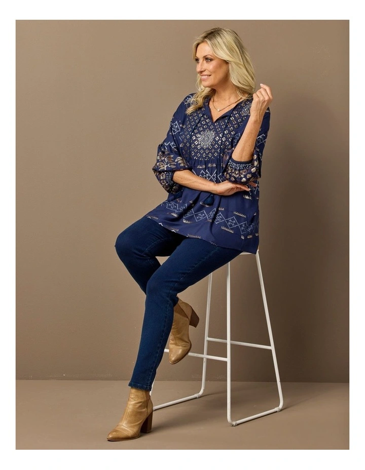 Kattan 3/4 Sleeve Beaded Blouse in Navy image 6