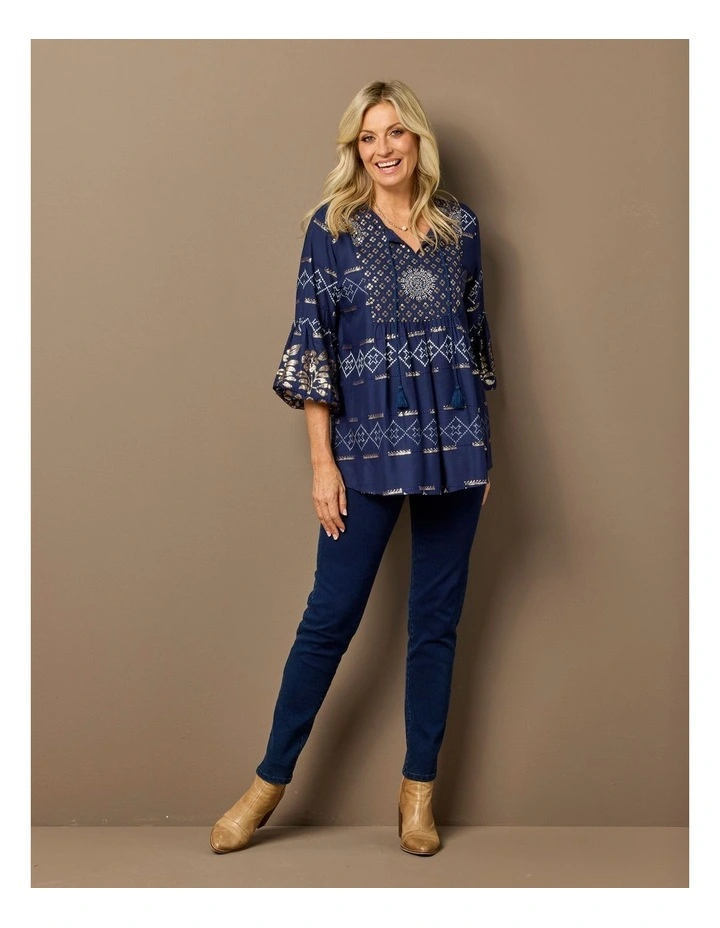 Kattan 3/4 Sleeve Beaded Blouse in Navy image 7
