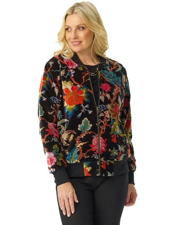 Verso Velvet Print Zip Up Jacket in Black