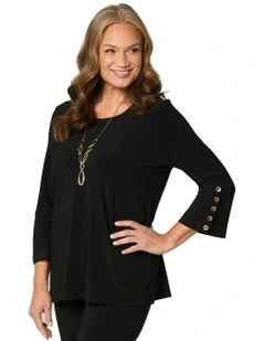Hush Fluted Button Sleeve Top in Black
