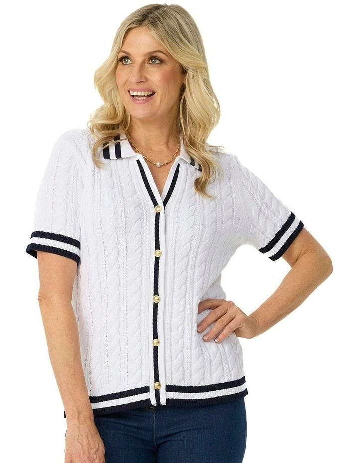 Jelena Short Sleeve Button Thru Polo in White image 1