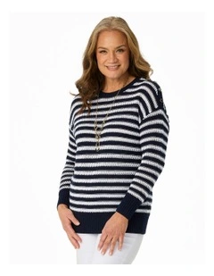 Port Fairy Stripe 3/4 Sleeve Sweater in Navy/White