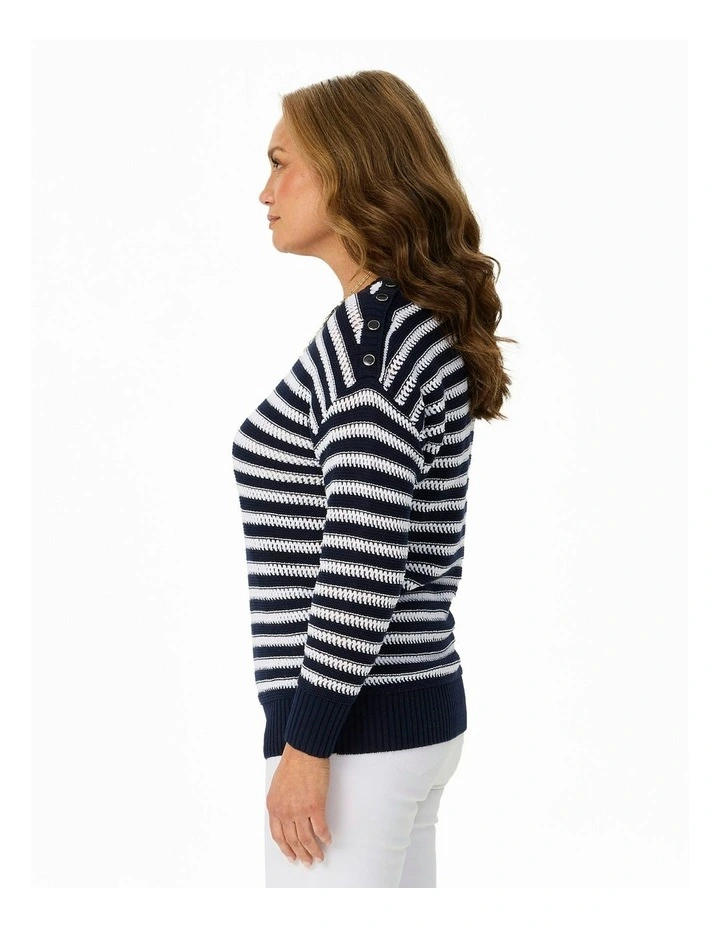 Port Fairy Stripe 3/4 Sleeve Sweater in Navy/White image 3