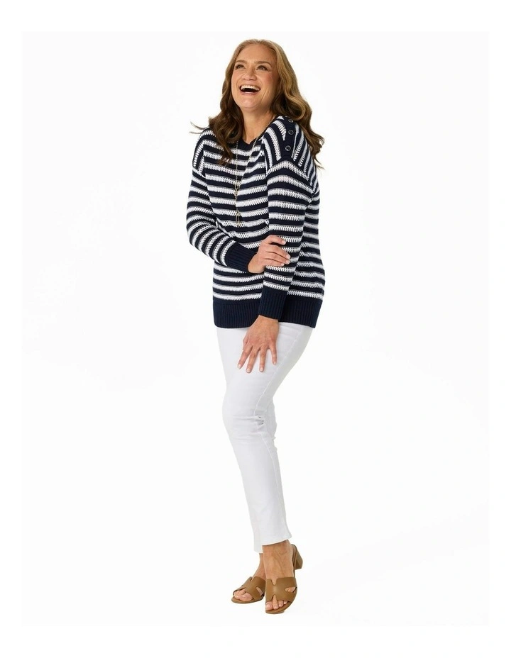 Port Fairy Stripe 3/4 Sleeve Sweater in Navy/White image 4