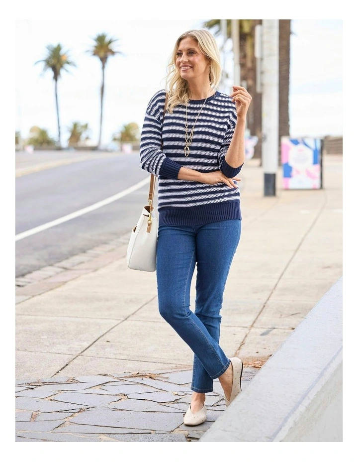 Port Fairy Stripe 3/4 Sleeve Sweater in Navy/White image 5