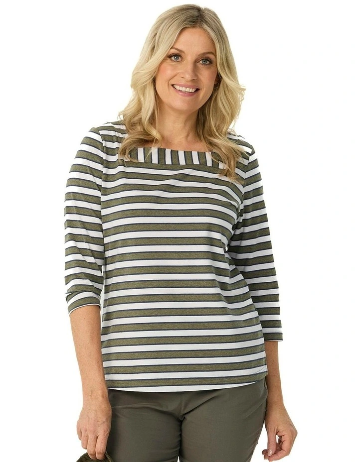 Action Square Neck 3/4 Sleeve Top in Olive image 1