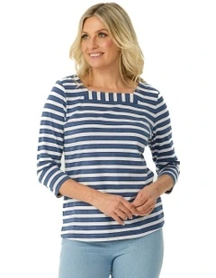 Action Square Neck 3/4 Sleeve Top in Indigo