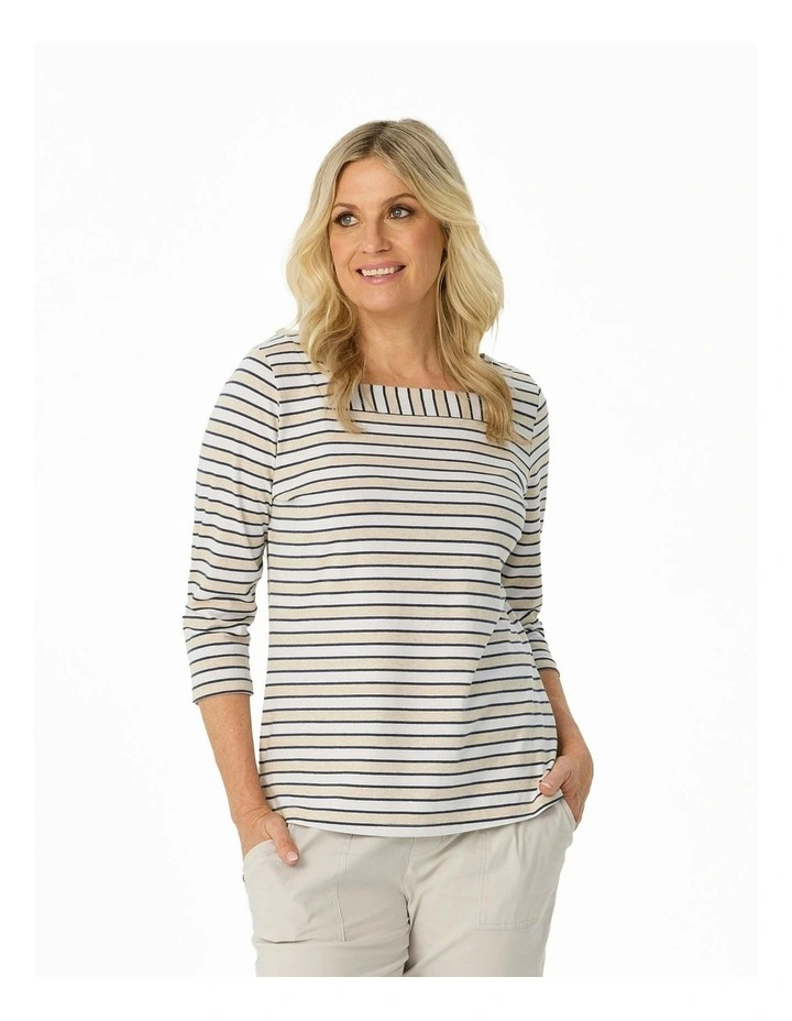Action Square Neck 3/4 Sleeve Top in Taupe image 1