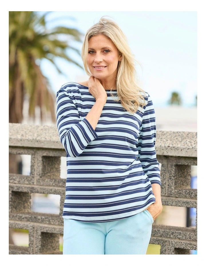 Paige Stripe 3/4 Sleeve Top in Blue image 5
