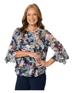 Helene Flounce Layered 3/4 Sleeve Top in Blue