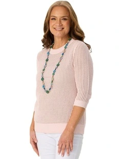 Quinn 3/4 Sleeve Open Knit Sweater in Pink