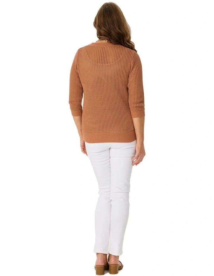 Quinn 3/4 Sleeve Open Knit Sweater in Brown image 2