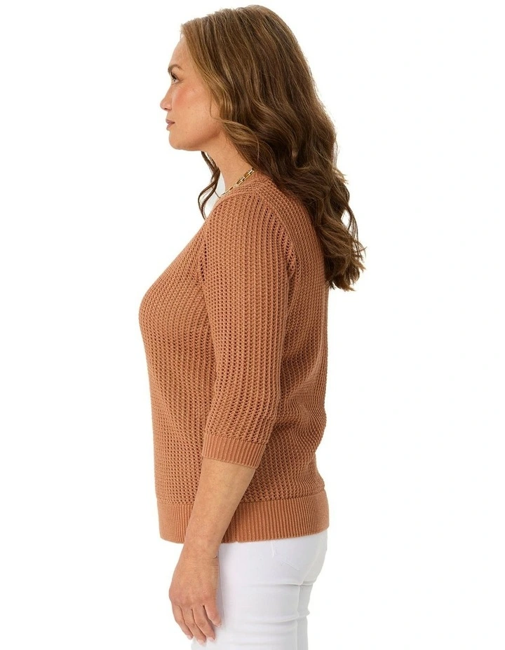 Quinn 3/4 Sleeve Open Knit Sweater in Brown image 3