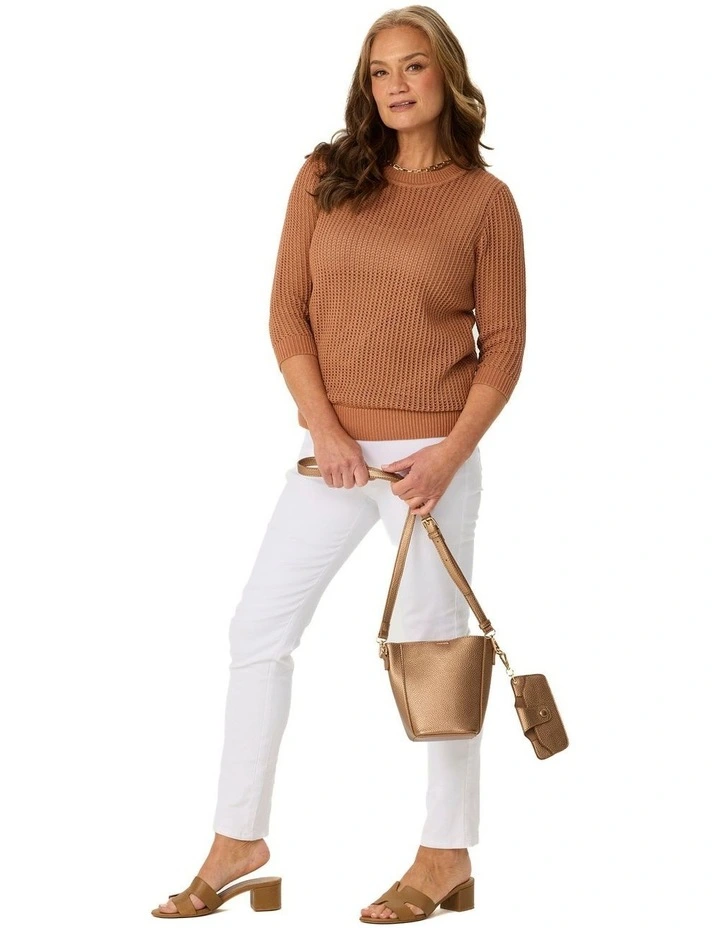 Quinn 3/4 Sleeve Open Knit Sweater in Brown image 4