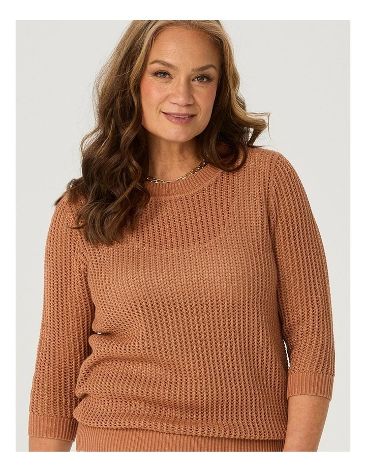 Quinn 3/4 Sleeve Open Knit Sweater in Brown image 5