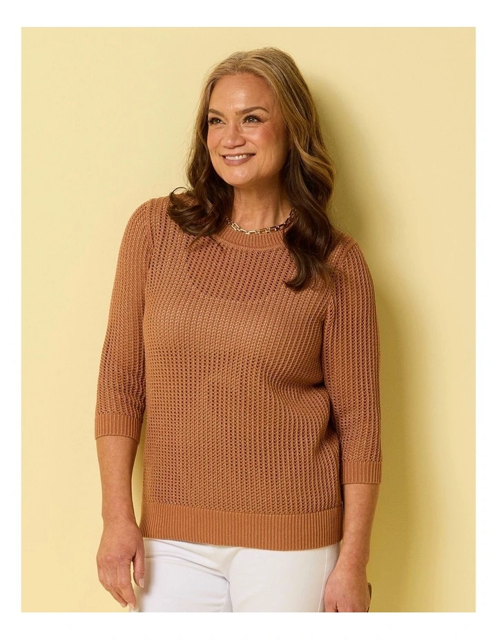 Quinn 3/4 Sleeve Open Knit Sweater in Brown image 6