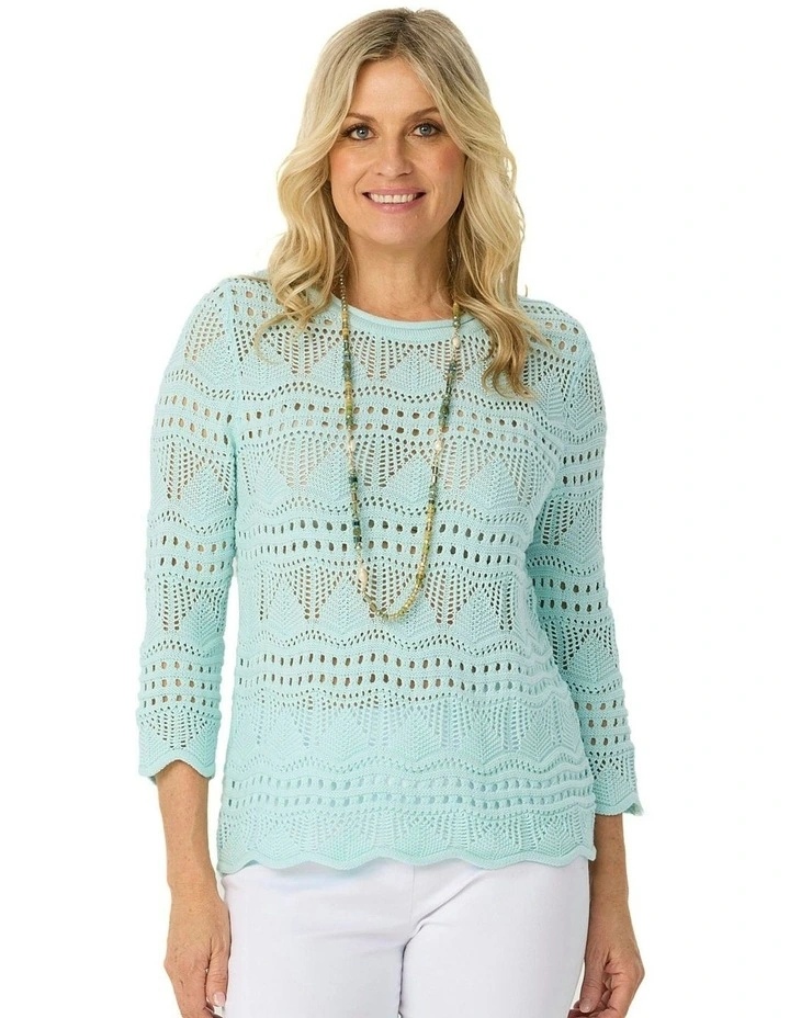 Corfu Pointelle 3/4 Sleeve Sweater in Blue image 1