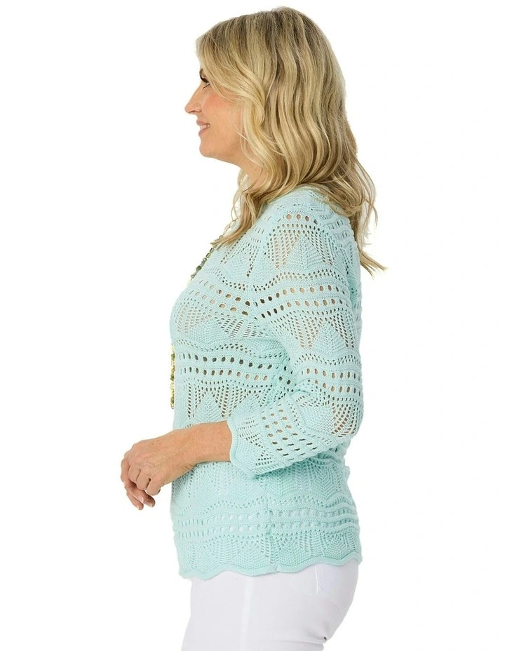 Corfu Pointelle 3/4 Sleeve Sweater in Blue image 3