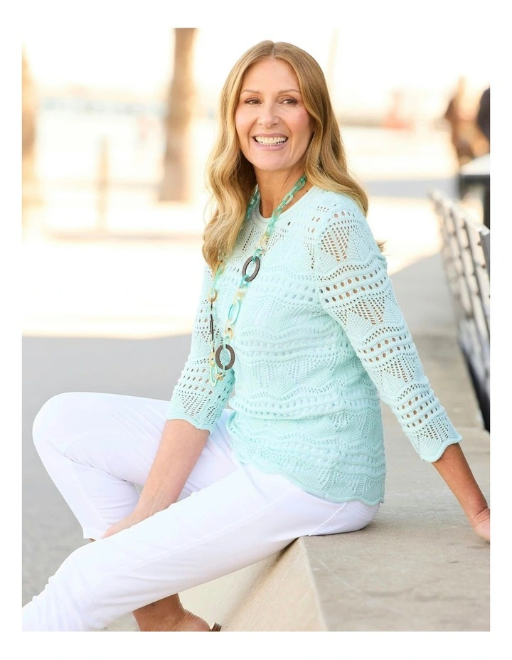 Corfu Pointelle 3/4 Sleeve Sweater in Blue image 5
