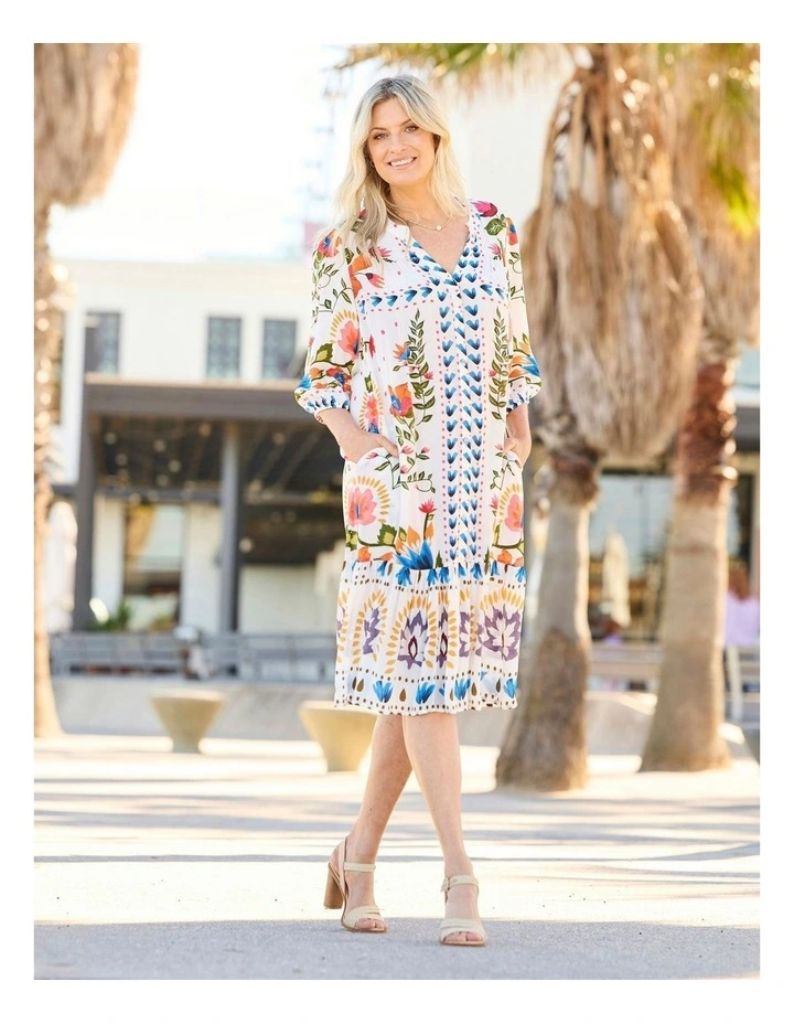 Tuscany Print Frill Hem Dress in Multi image 4