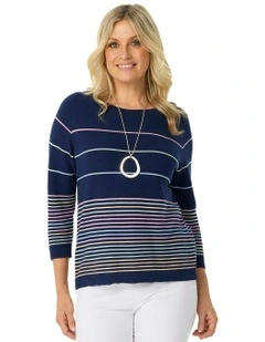 Coraline Stripe 3/4 Sleeve Sweater in Blue